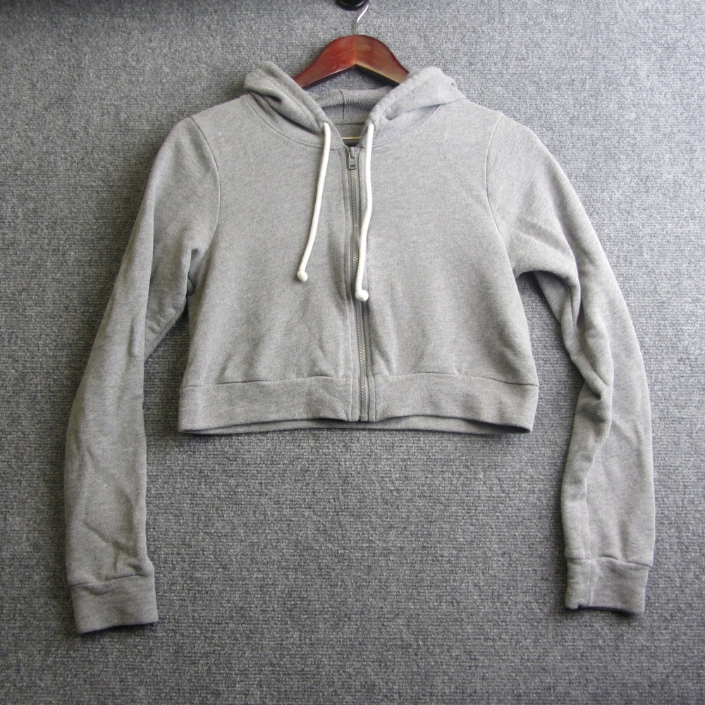 Hollister Full Zip Cropped Hoodie Womens Medium Grey Solid Long Sleeve Y2K 2000s